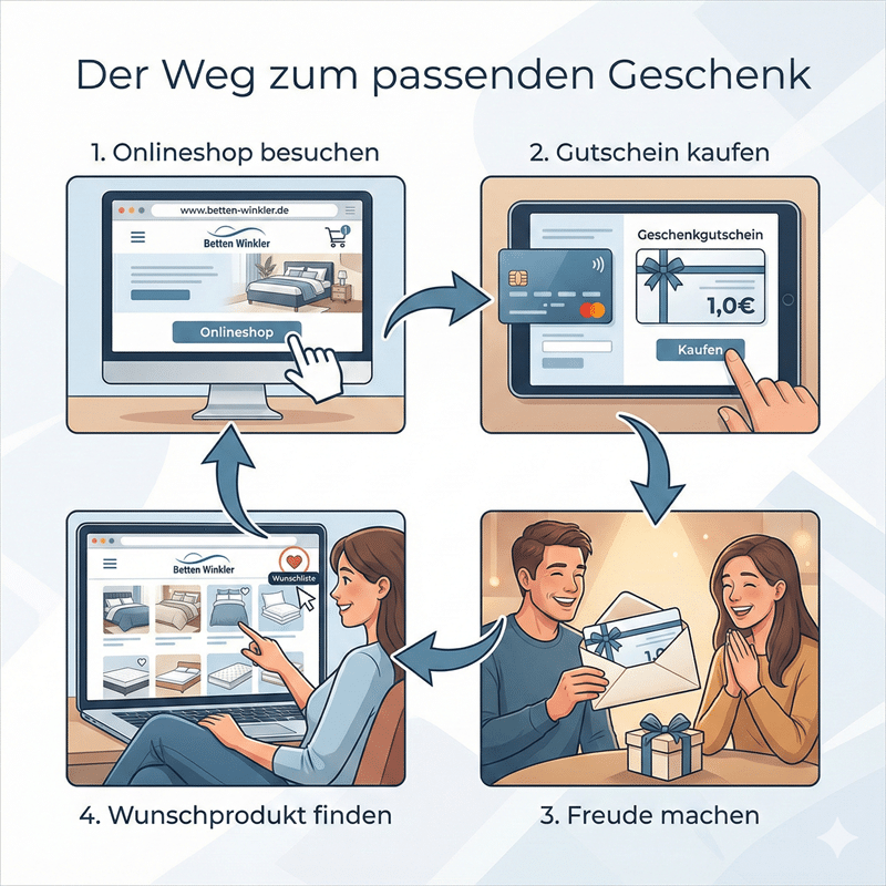 Quadratische Infografik mit der Überschrift "Der Weg zum passenden Geschenk". Ein Kreislauf aus vier illustrierten Schritten zeigt den Kaufprozess: 1. "Onlineshop besuchen" (Desktop-PC zeigt www.betten-winkler.de), 2. "Gutschein kaufen" (Tablet mit Zahlungsmaske für einen Geschenkgutschein), 3. "Freude machen" (Mann überreicht Gutschein an glückliche Frau), und 4. "Wunschprodukt finden" (Frau wählt Bettwaren im Onlineshop auf einem Laptop aus).