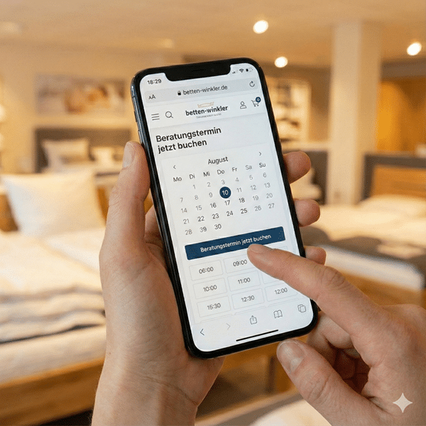 Smartphone-Bildschirm zeigt den Online-Kalender zur Buchung einer persönlichen Schlafberatung bei Betten Winkler.